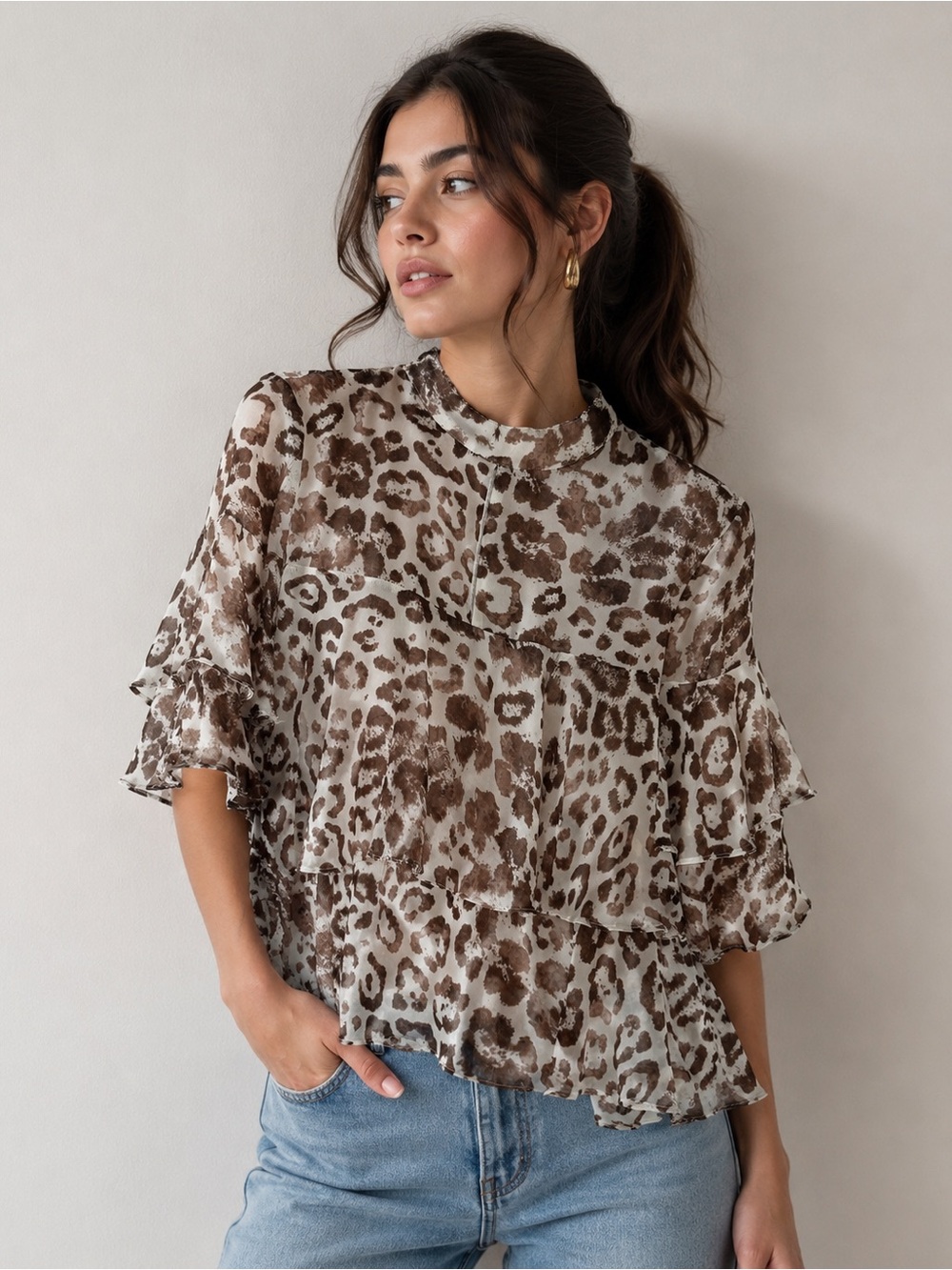Karlie Animal Print Ruffled 3/4 Sleeve Lined Top Brown‎ Cream Key Hole  Medium